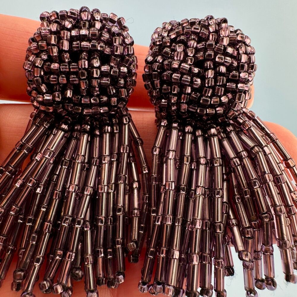 Vintage Purple Seed Bead Tassel Earrings Iridescent Clip On Dangle Hand Sewn - Picture 11 of 11
